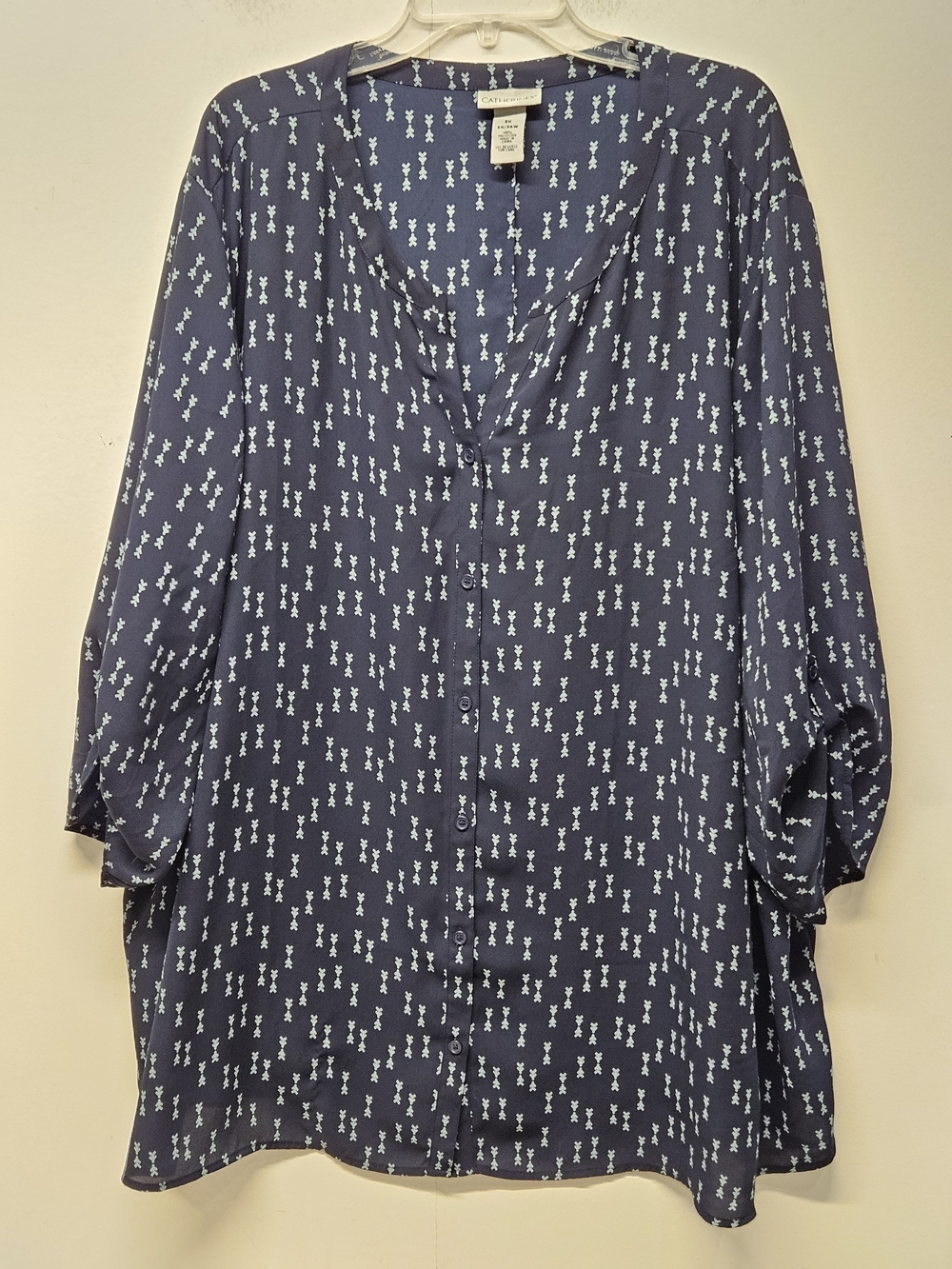 Catherines Plus Button Front Tunic Tabbed 3/4 Sleeves Womens Size 5X Navy Blue